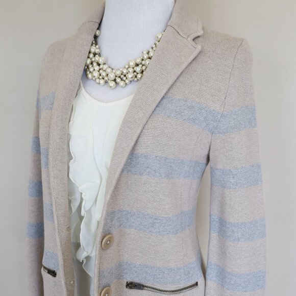 TALBOTS Size Small Petite Tan Beige Gray Stripe Blazer Cardigan Sweater - Picture 2 of 11